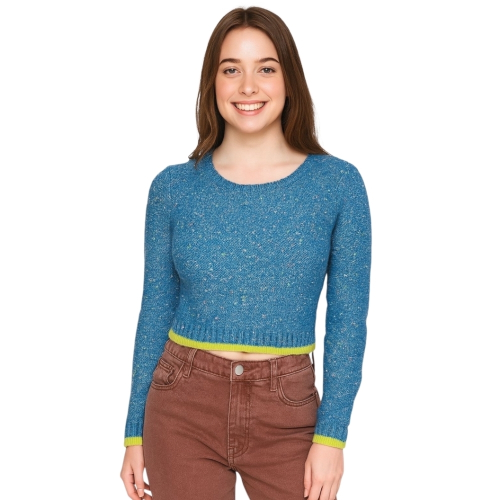 Oh MG! Cropped Blue Flecked Knit Sweater Size Med NWOT